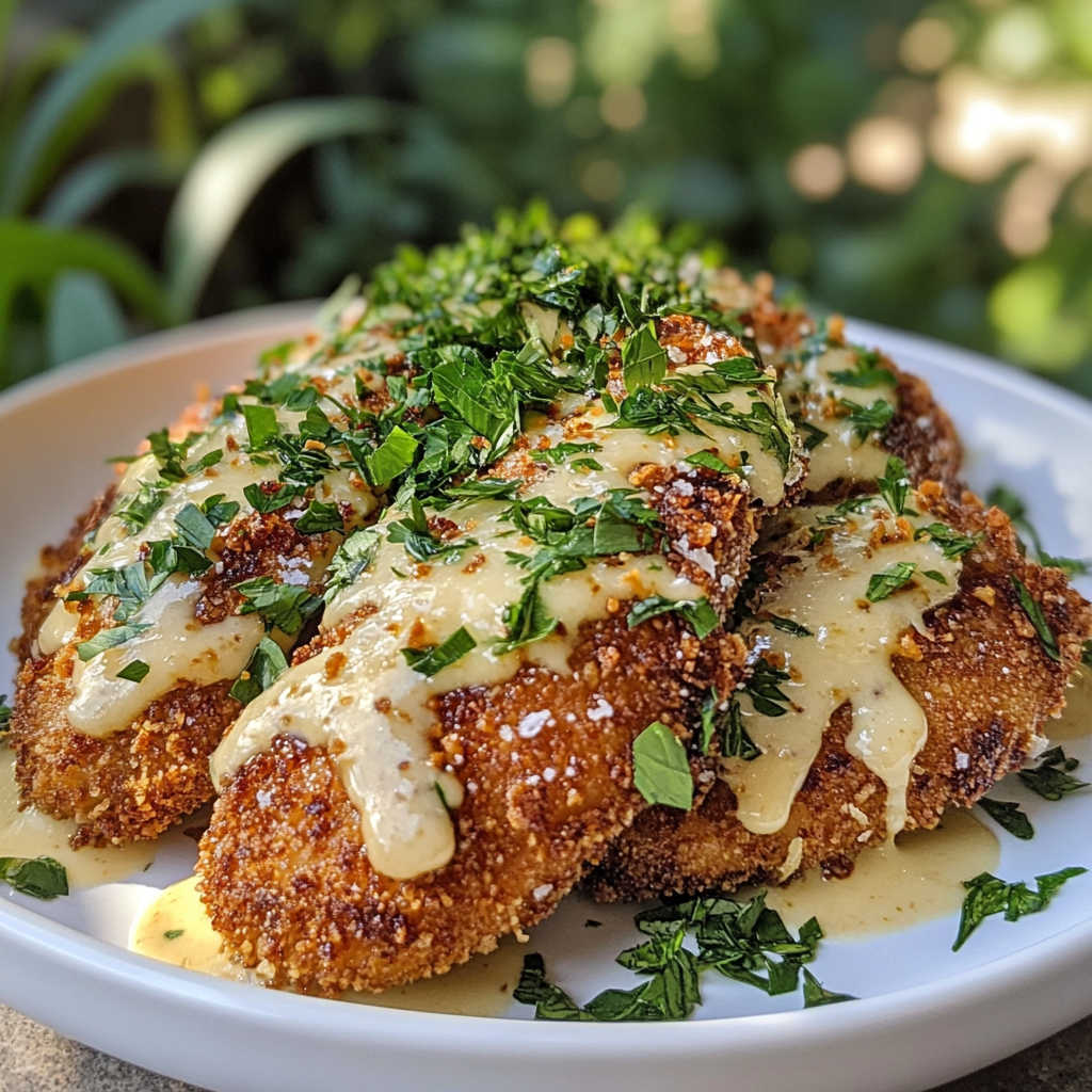 Crispy Parmesan Chicken with a Rich Garlic Sauce