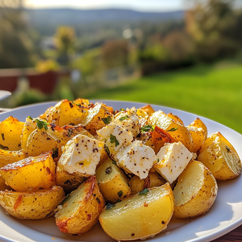 Roasted potatoes with baked feta and garlic