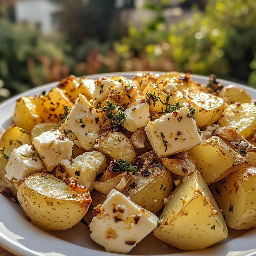 Roasted potatoes with baked feta and garlic
