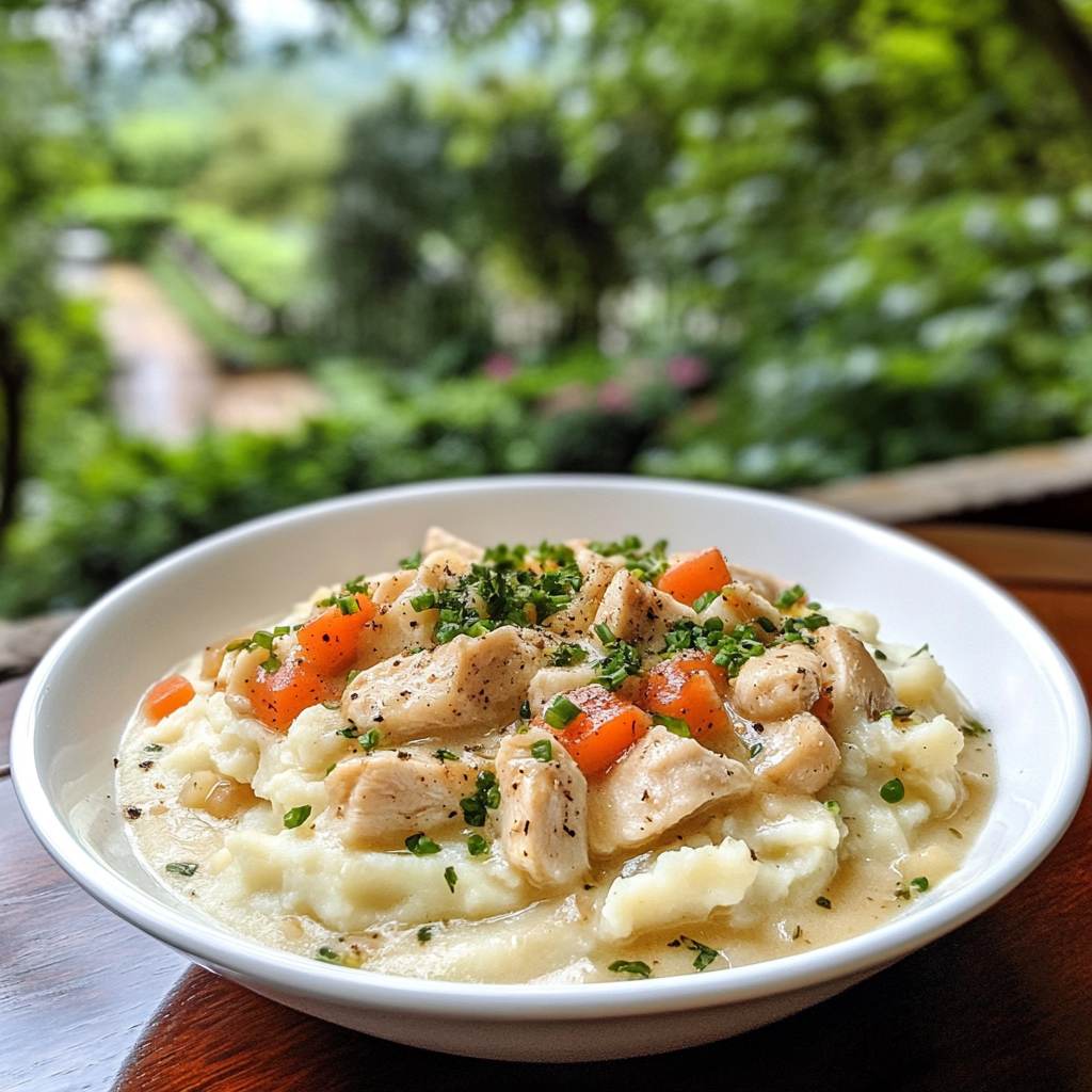 Chicken Noodles Over Mashed Potatoes