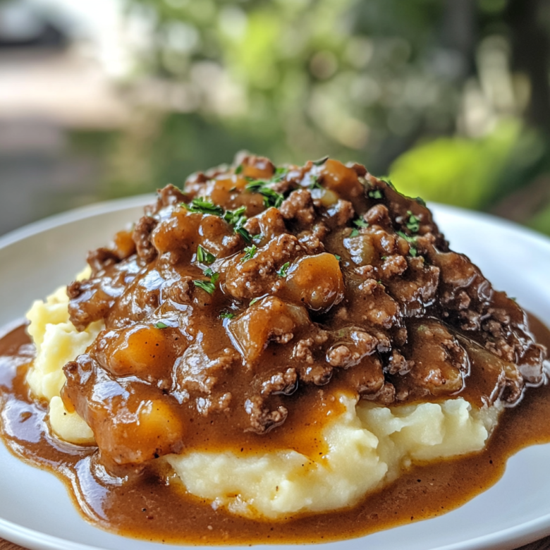 Ground Beef and Gravy Over Mashed Potatoes
