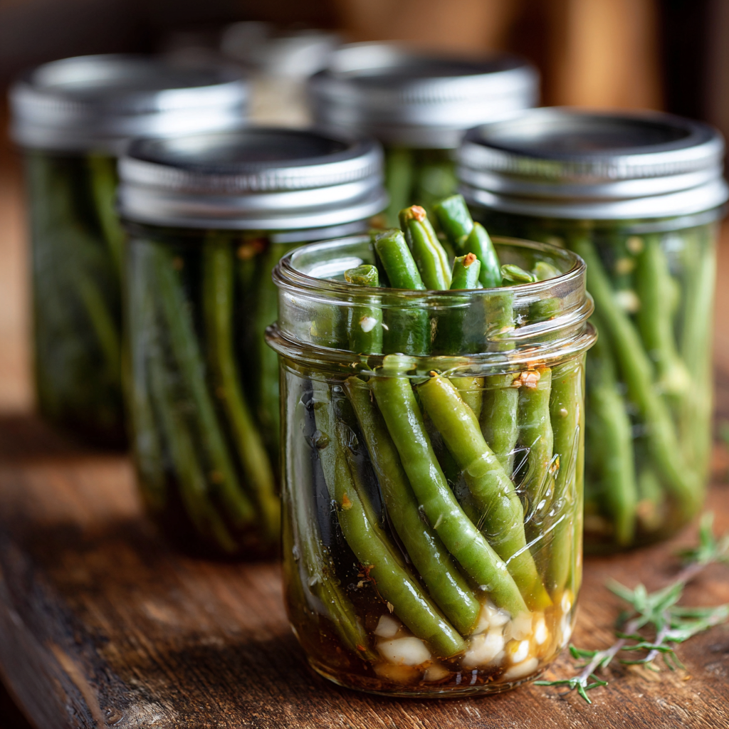 Homemade pickled green beans canning recipe photo showing crisp beans in brine