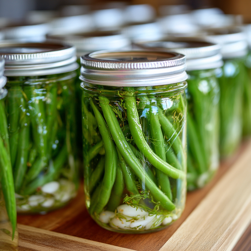 Pickled green beans canning recipe in a jar with garlic and dill