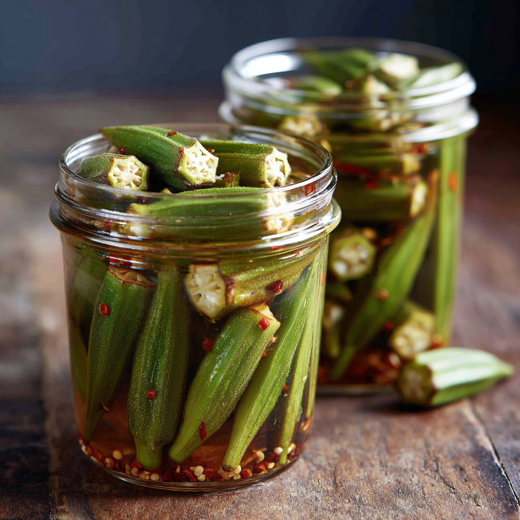 Jar of recipe pickled okra with bright vinegar brine and herbs