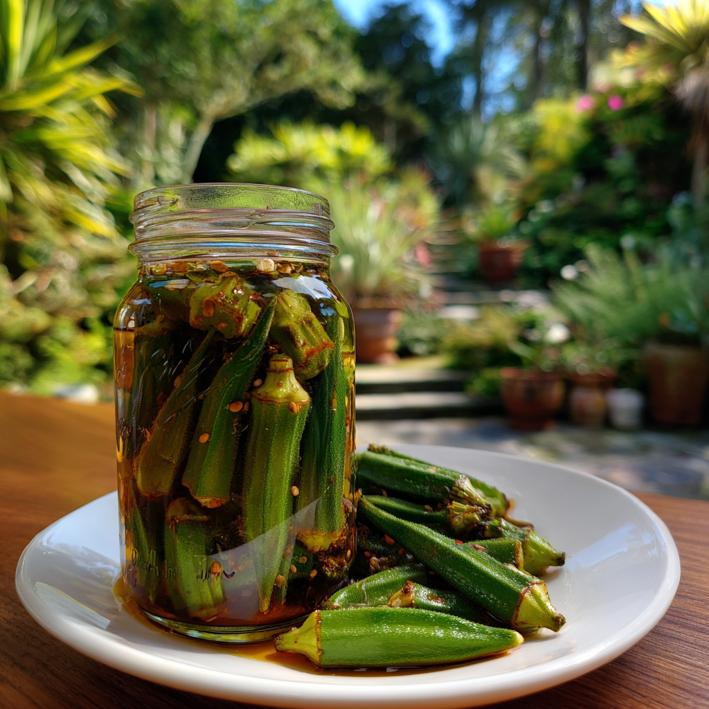 Homestyle recipe pickled okra photo showing crunchy okra pods in a jar